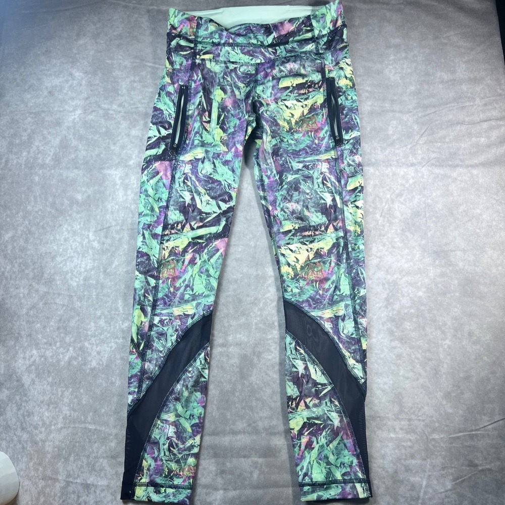 Lululemon Leggings Women 4 Green Multi Abstract Mesh Zip Pocket Tights 1052
